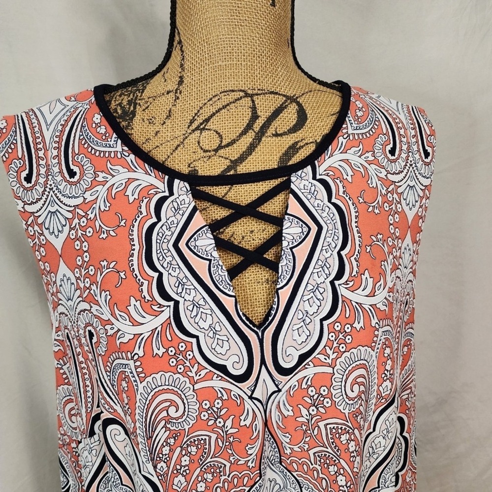 SANDRA DARREN Size 2X Vibrant Coral Navy Boho Chic Paisley Knee Lgth Shift Dress - Picture 6 of 12